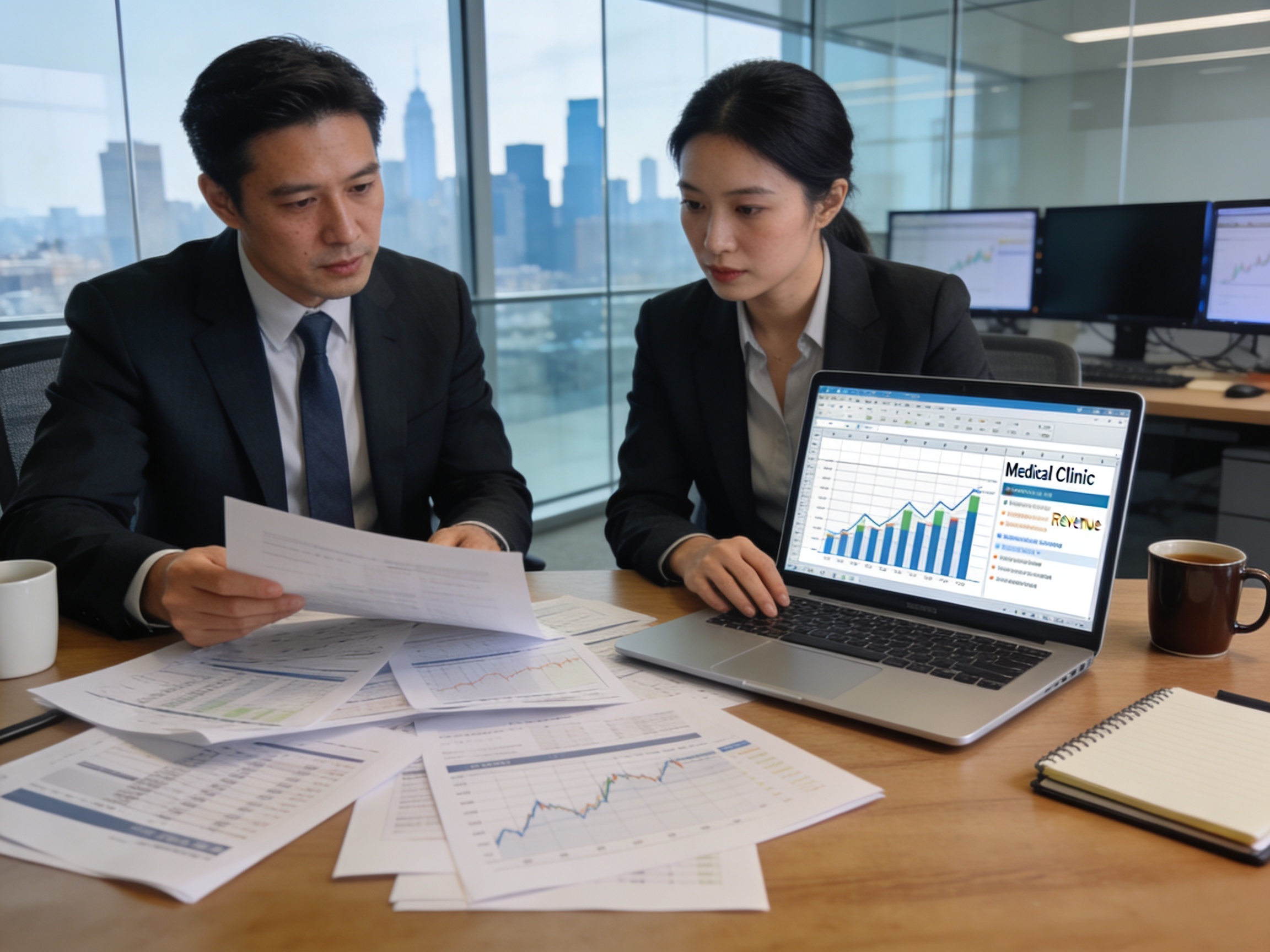 Business medical investment scene with printed reports and skyline.