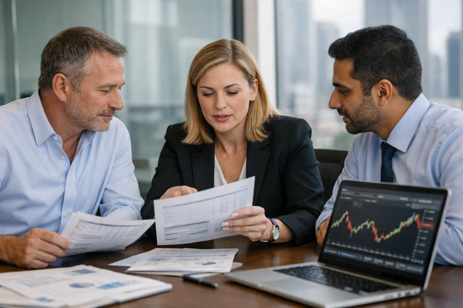 Forex investment strategy meeting with chart review and discussion.