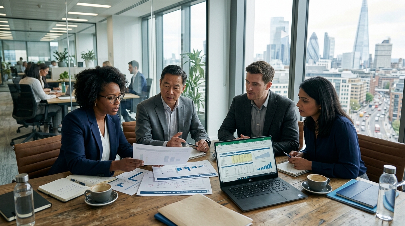 Investment analyst reviewing web studio valuation report with financial metrics on office workstation.
