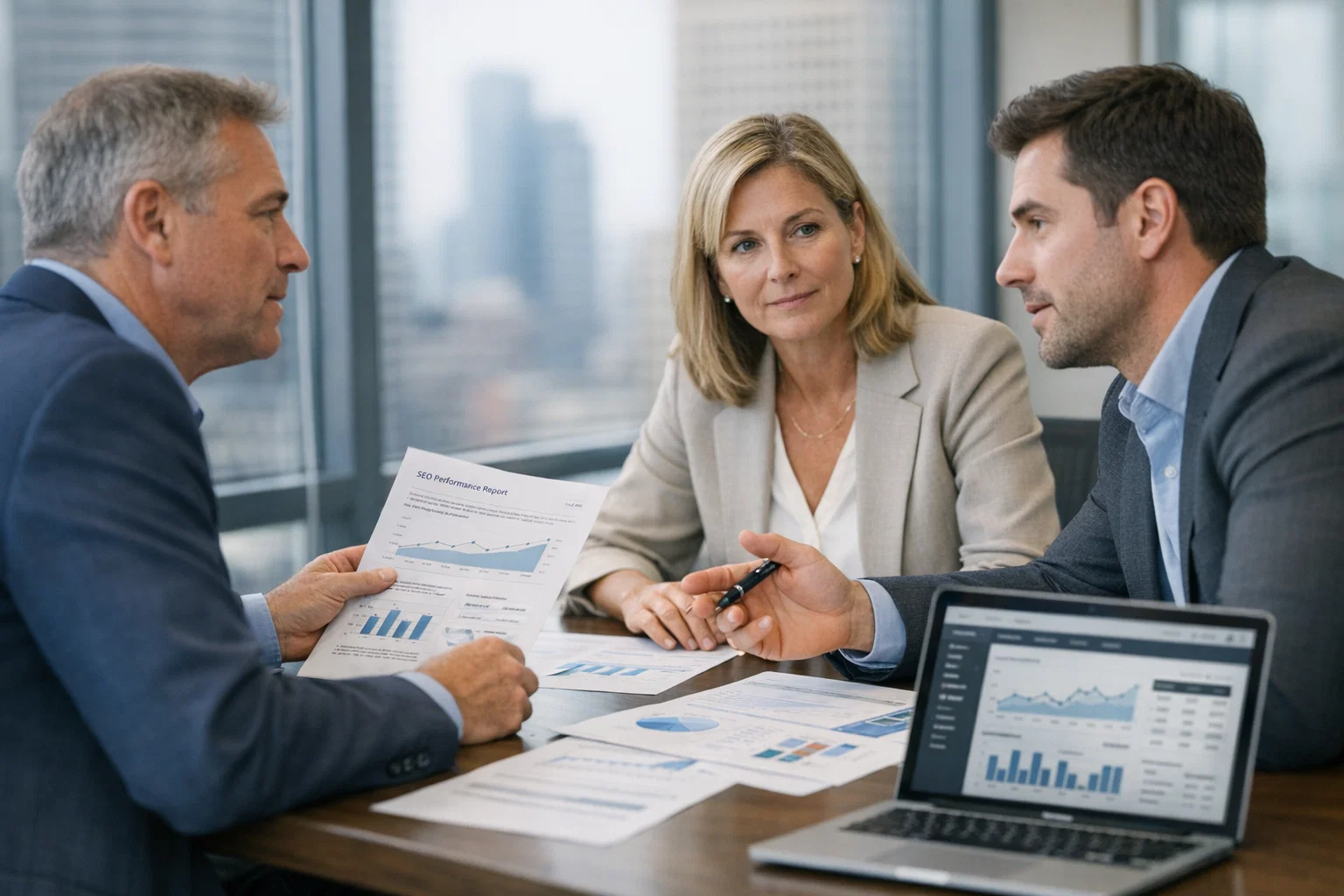 SEO consultants reviewing reports and analytics dashboard during a client meeting.