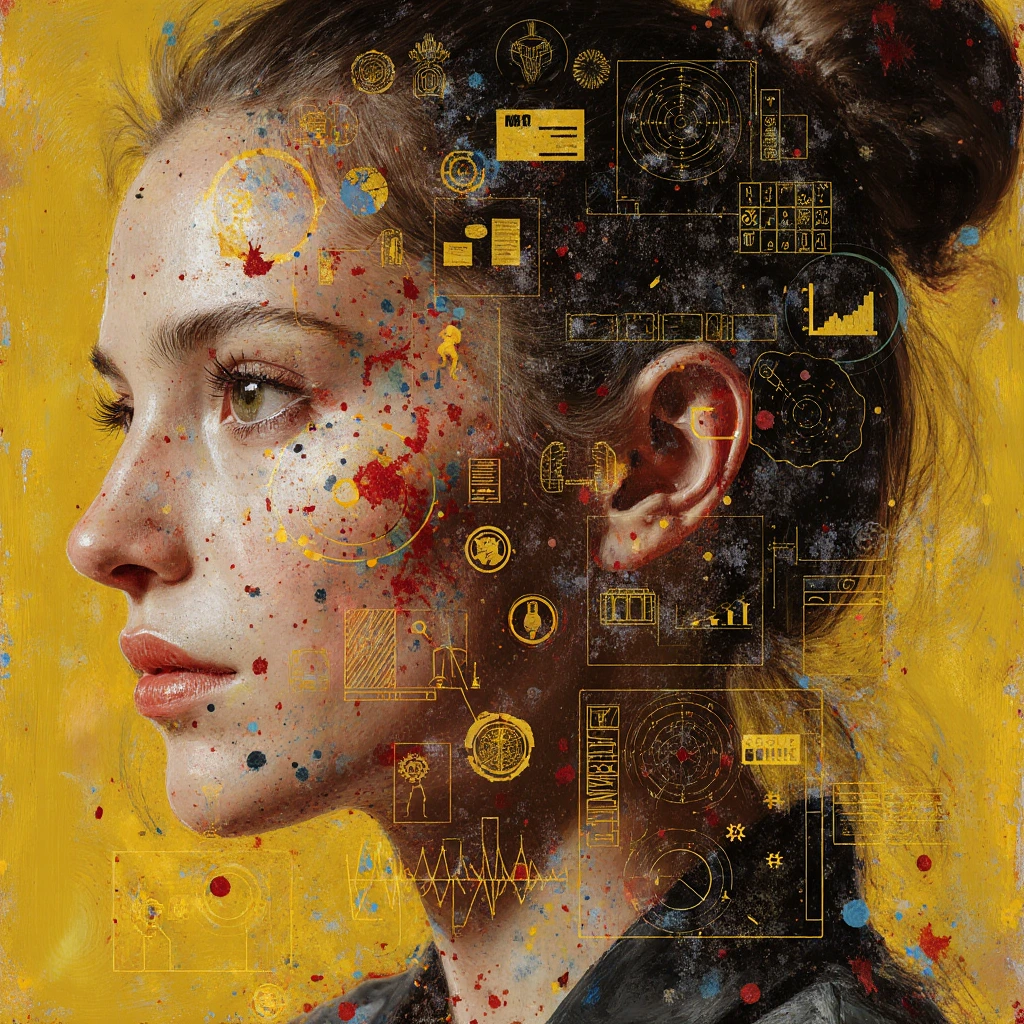 "Brain" of the project: A stylized image of a human head in profile, with web design diagrams, code, and analytics highlighted in yellow